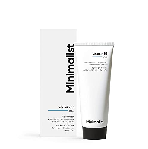 White tube of Minimalist Vitamin B5 10% Moisturizer, featuring a sleek design, with a minimalist label and a matching white box, both emphasizing a clean and modern aesthetic.