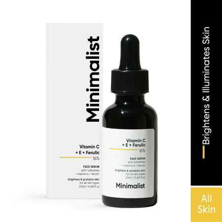 Clear glass dropper bottle containing a dark serum, labeled "Minimalist Vitamin C + E + Ferulic 16% Face Serum," with a white box featuring minimalist design elements.