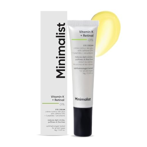Minimalist Vitamin K + Retinal 01% Eye Cream in a sleek white and silver tube with a black cap, accompanied by a yellow drop, packaged in a matching box.