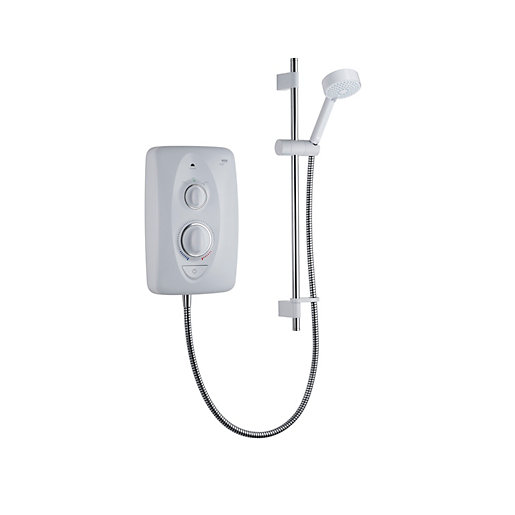 Mira Jump Electric Shower in white and chrome, featuring a sleek design with two control dials, a flexible hose, and a wall-mounted showerhead.