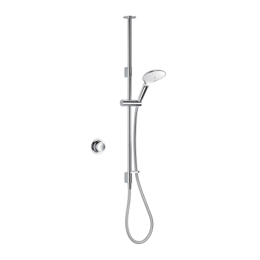 Sleek chrome Mira Mode shower system with a modern handheld showerhead, adjustable height slider, and a circular control knob, designed for ceiling-fed installations.