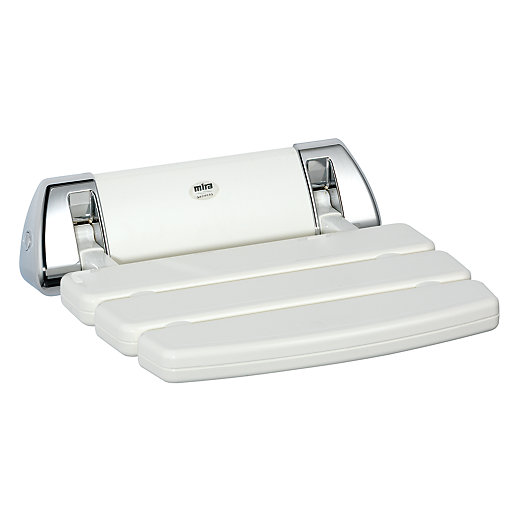Wall-mounted folding shower seat in white with a sleek chrome frame, featuring a curved design and three slatted seating sections for comfort and support.