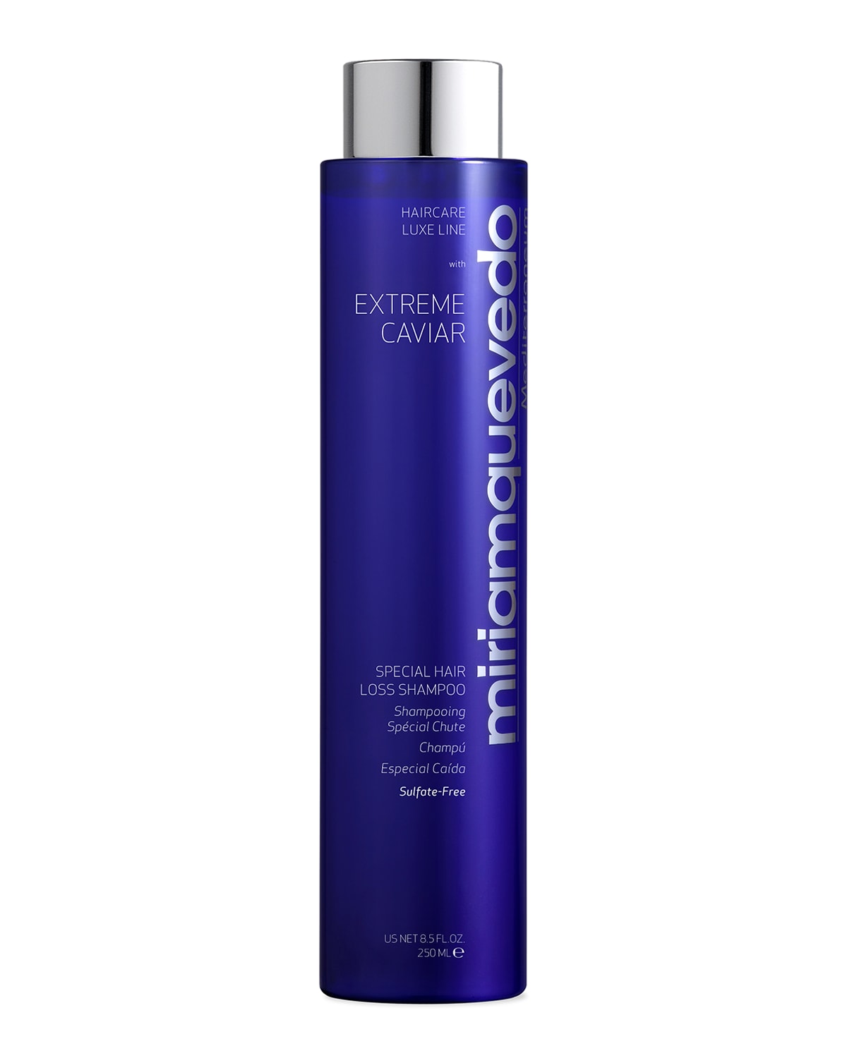Tall, sleek bottle of Miriam Quevedo's Extreme Caviar Special Hair Loss Shampoo, featuring a deep blue color, silver cap, and elegant branding, designed for all hair types.