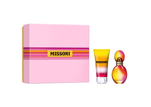 A pink gift box featuring a colorful striped band, containing a 30ml EDT bottle with a rounded design and a 50ml body lotion tube with vibrant colors.