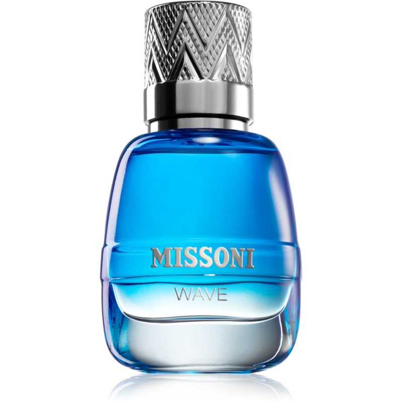 Blue glass perfume bottle with a textured silver cap, featuring "MISSONI WAVE" embossed on the front, contains 30 ml of fragrance.