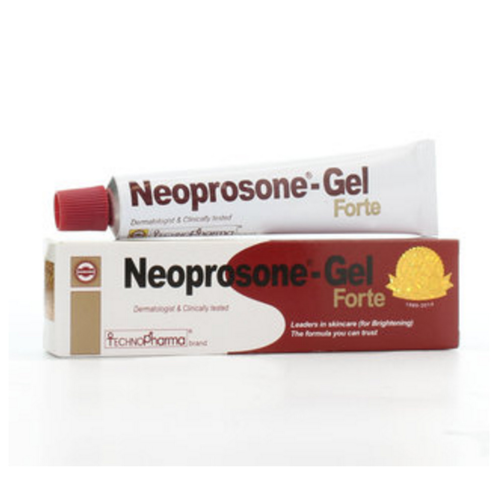 Neoprosone Complex Forte Skincare Brightening Cream in a white tube with red accents, placed in a red and white box, featuring a pineapple graphic and clinical testing labels.
