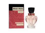 Miu Miu Twist Eau de Parfum in a clear glass bottle with a black cap, featuring a pink floral design, alongside a matching pink and gold box.