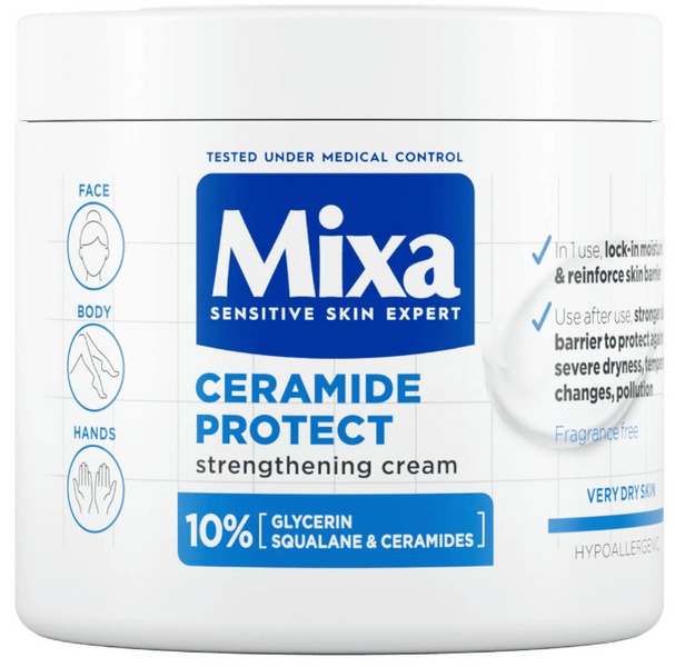 White jar of Mixa Ceramide Protect Moisturizing Cream, 400 ml, featuring a blue label with text highlighting key ingredients like glycerin and ceramides, suitable for face, body, and hands.