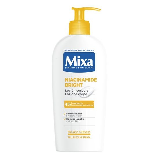 White plastic pump bottle with a yellow cap, labeled "Mixa Niacinamide Bright," featuring a blue logo, 250 ml capacity, designed for brightening dry and dull skin.