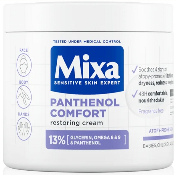 White jar of Mixa Body Panthenol Comfort Soothing Cream, 400 ml, featuring blue and white labeling, highlighting ingredients like glycerin and panthenol for atopic skin care.
