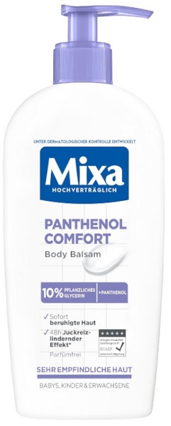 White plastic pump bottle with a lavender pump top, labeled "Mixa Panthenol Comfort Body Balsam," featuring soothing cream for atopic-prone skin and highlighting 10% glycerin.
