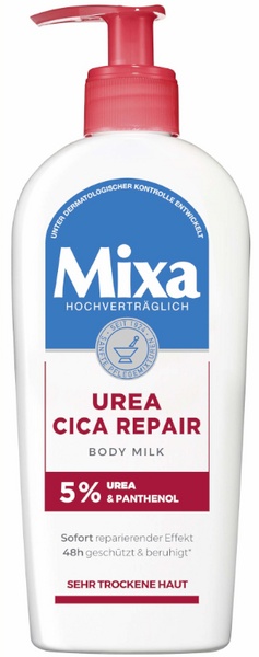 White plastic bottle with a red pump, labeled "Mixa Urea Cica Repair Body Milk," featuring a blue and red design, indicating 5% urea and panthenol for very dry skin.