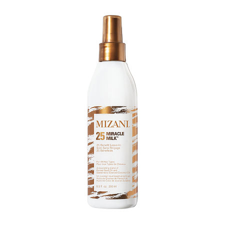 Mizani 25 Miracle Milk is a white spray bottle with a gold and brown label, featuring a pump nozzle, designed for heat protection and leave-in conditioning.