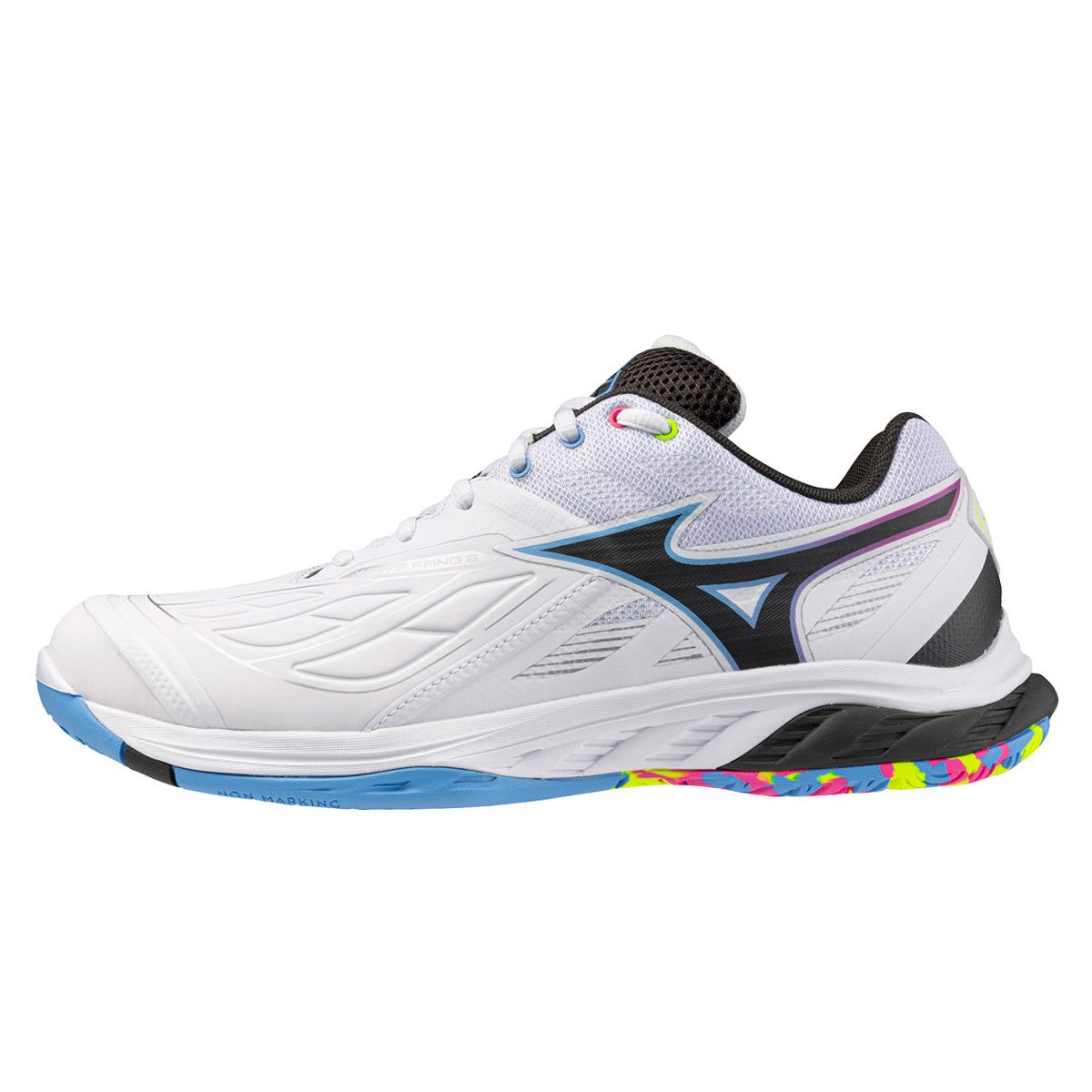 Mizuno Wave Fang 2 unisex shoes in white with pink and blue accents, featuring a sleek design, breathable mesh upper, and a colorful sole for enhanced grip and style.