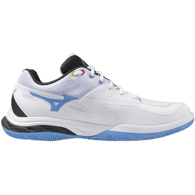 Mizuno Wave Fang 2 unisex shoes in white with pink and blue accents, featuring a sleek design, breathable mesh upper, and a durable rubber sole for enhanced grip.