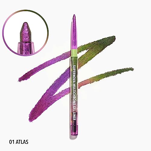 Moira Supernova Multichrome Gel Liner in shade 001 Atlas features a vibrant purple pencil with a metallic sheen, accompanied by a swatch showcasing its multichrome effect.
