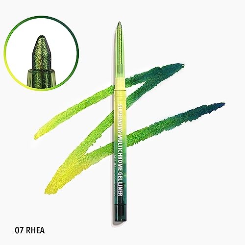 Supernova Multichrome Gel Liner in shade 007 Rhea features a green to gold shifting color, with a sleek, transparent barrel and a pointed tip for precise application.