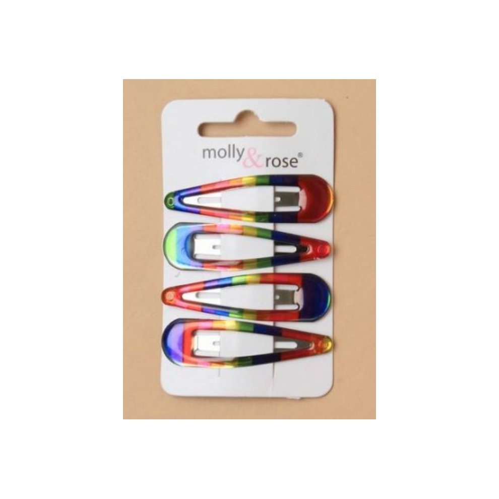 Four rainbow stripe hair snap clips, each 5cm long, featuring a shiny finish and a sturdy design, presented on a card by Molly And Rose.