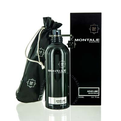 Black metal spray bottle with a silver nozzle, labeled "Aoud Lime" by Montale, accompanied by a black drawstring pouch and a black box featuring the Montale logo.