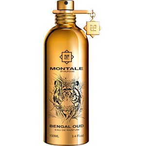 Gold metallic spray bottle with a sleek design, featuring a tiger illustration and Montale branding, labeled "Bengal Oud Eau De Parfum" in elegant black font.