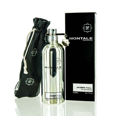 Silver metallic bottle of "Jasmin Full" Eau de Parfum by Montale, with a black drawstring pouch and a sleek black box featuring the Montale logo.