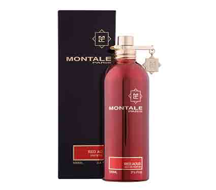 Red metallic bottle with a silver cap and a charm, featuring the Montale logo and "Red Aoud" label, alongside a sleek black box, all for a unisex Eau de Parfum.