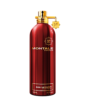 Red metallic bottle of Montale 3.4 Oz Red Vetiver Eau De Parfum for men, featuring a gold cap and charm, with bold black and gold label detailing.