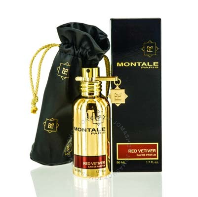 Montale's Red Vetiver Eau De Parfum 1.7 Oz features a gold metallic bottle with a black cap, accompanied by a black pouch and box, all adorned with gold accents and branding.