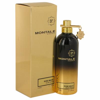 Elegant black and gold bottle of Montale Paris Rose Night Eau de Parfum, featuring a gold cap and tag, alongside a matching gold box with brand name and fragrance details.