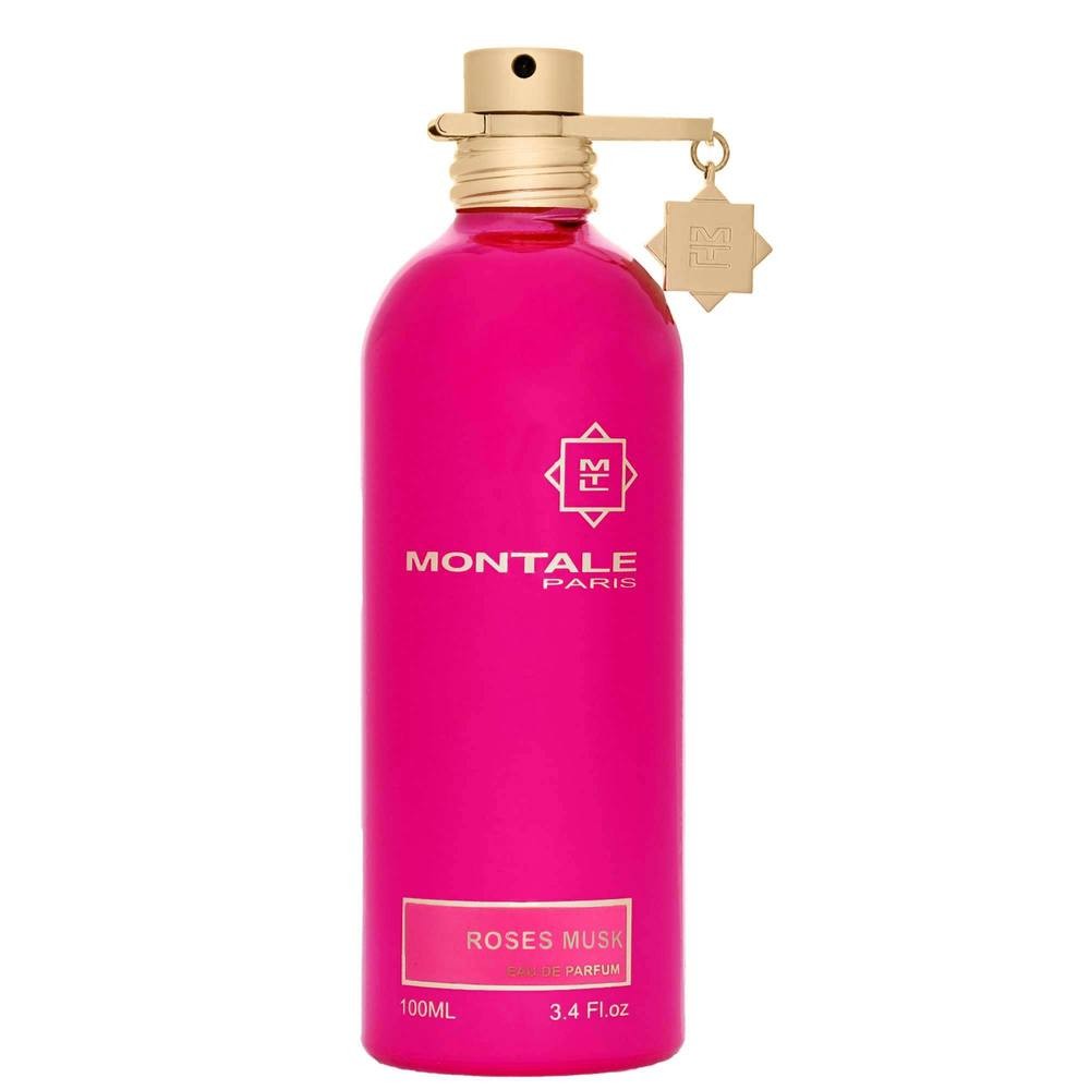 Bright pink bottle of Montale Roses Musk Eau De Parfum Spray, featuring a gold atomizer and a gold tag, labeled with the brand name and fragrance details, 100ml size.