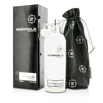 Clear glass bottle with a silver cap, labeled "Sweet Oriental Dream" in white, alongside a sleek black box and a drawstring pouch featuring the Montale logo.