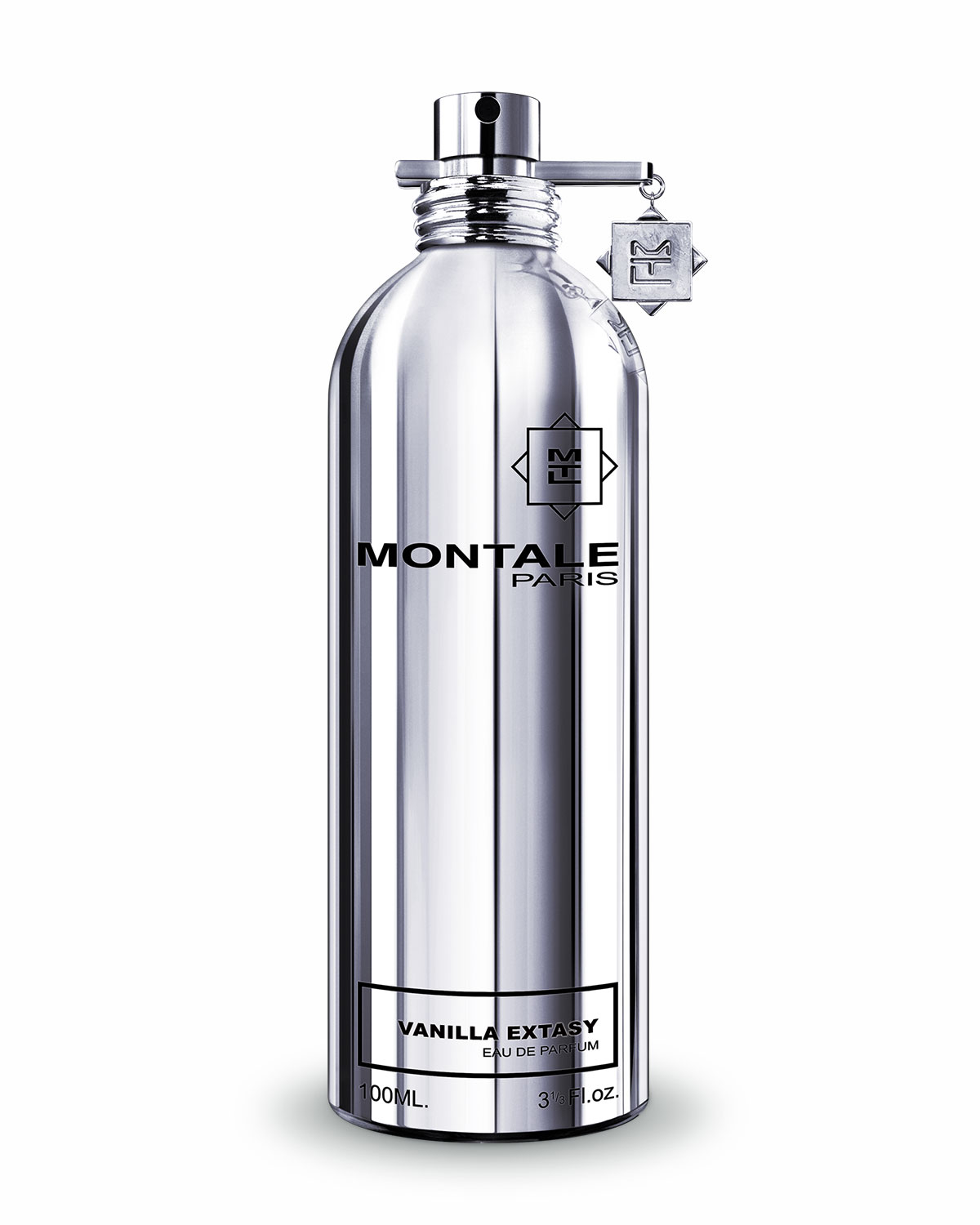 Silver metallic bottle with a sleek design, featuring a black label that reads "Vanilla Extasy" and a small charm attached to the cap, 3.4 oz EDP spray for unisex.
