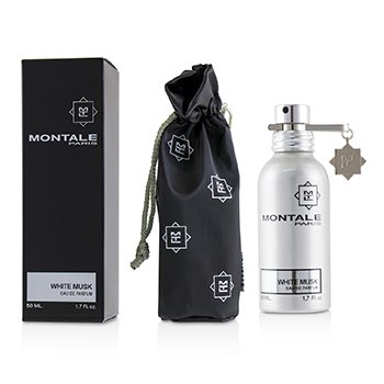 White Musk Eau De Parfum by Montale features a sleek silver bottle with a spray nozzle, accompanied by a black pouch and a stylish black box, all adorned with silver branding.