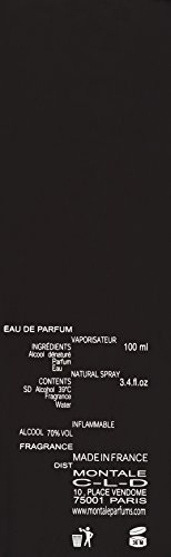 Black rectangular box featuring white text detailing the ingredients and specifications of "Wild Pears" by Montale, a unisex fragrance in a 3.4 oz EDP spray.