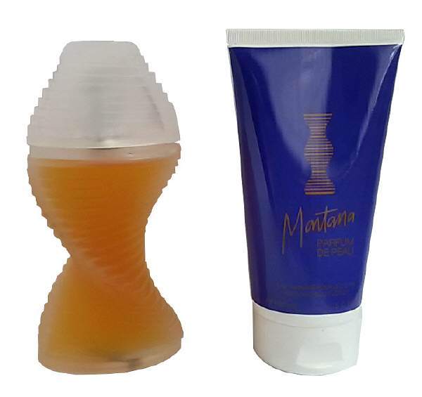 Montana De Peau Eau De Toilette Spray set includes a spiral-shaped glass bottle with a golden liquid and a blue tube of lotion, both featuring the Montana logo.