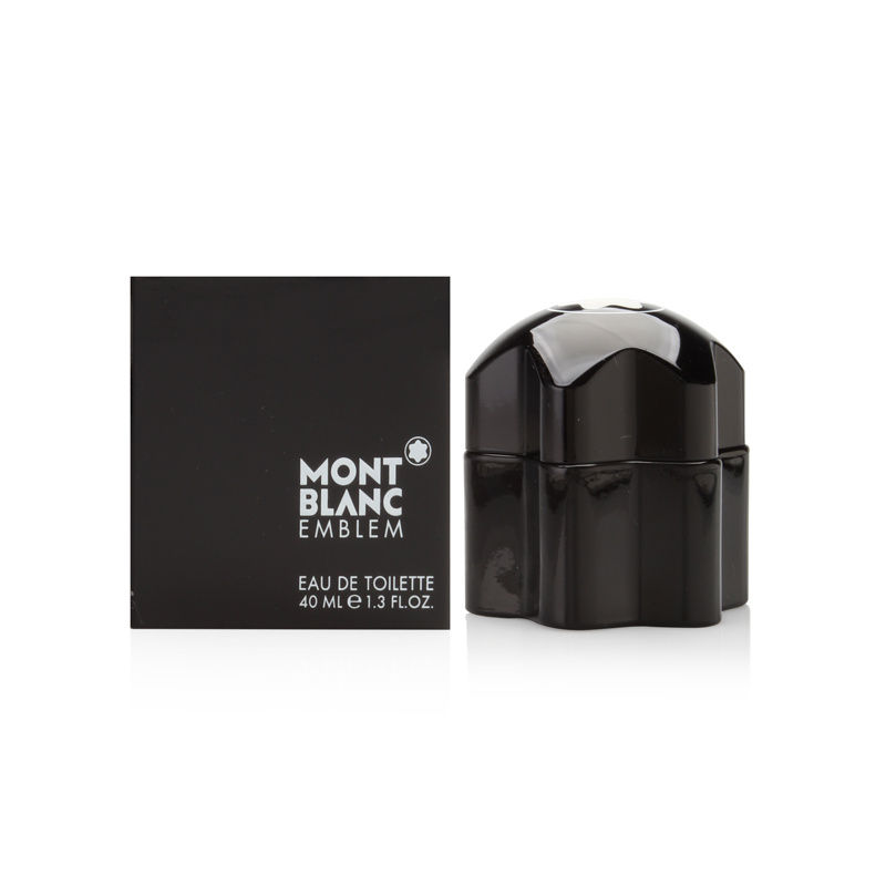 Black, glossy bottle shaped like a star with a silver Montblanc logo, accompanied by a sleek black box labeled "Emblem Eau De Toilette 1.3 Oz."