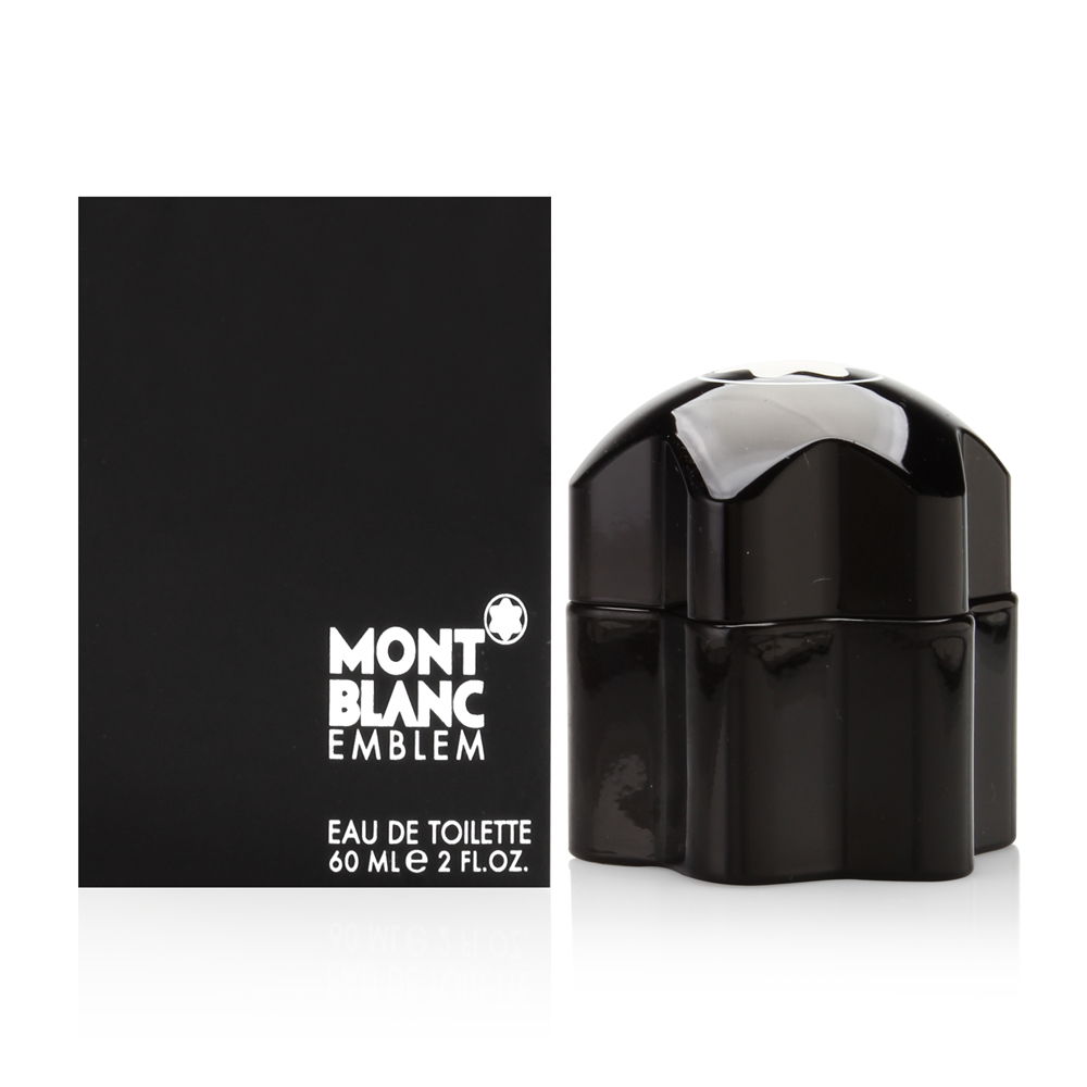 Black, glossy bottle with a distinctive cap resembling a snow-capped mountain, beside a sleek black box featuring white text for "Mont Blanc Emblem" Eau De Toilette Spray.