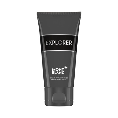 Montblanc Explorer Aftershave Balm in a sleek black tube with a silver band, featuring the brand name and product title prominently displayed in white lettering.