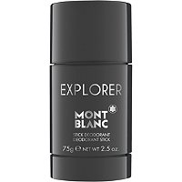 Black cylindrical deodorant stick with "Montblanc" and "Explorer" branding, featuring a sleek design and a 75g label on the front.