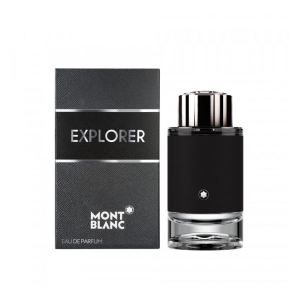 Black cylindrical bottle with a silver cap next to a black and silver box labeled "EXPLORER" and "MONTBLANC," containing 0.15 oz (4.5 ml) of Eau de Parfum.