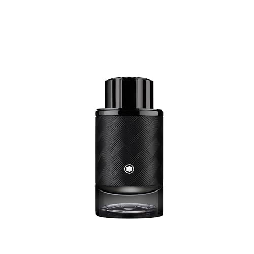 Montblanc Explorer Extreme Parfum in a sleek black bottle with a textured design, featuring a silver emblem and a black cap, 3.3 oz size.