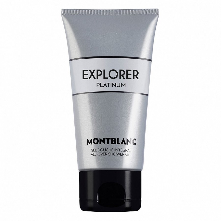 Silver tube of Montblanc Explorer Platinum All-over Shower Gel, featuring a sleek design with black cap and bold black text on a white band, holding 150ml of product.
