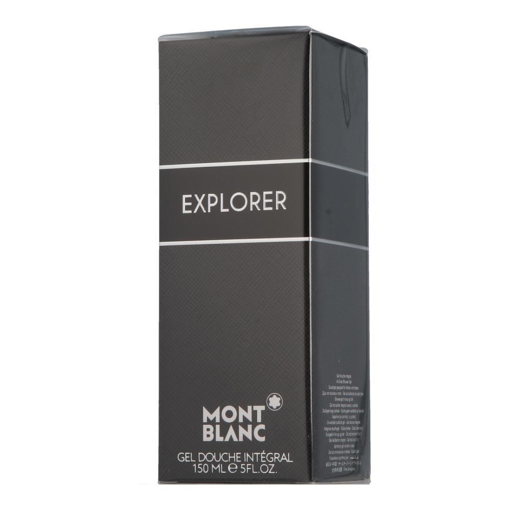 Black rectangular box with a textured finish, featuring the word "EXPLORER" in bold white letters and "MONTBLANC" logo, containing 150 ml of shower gel.