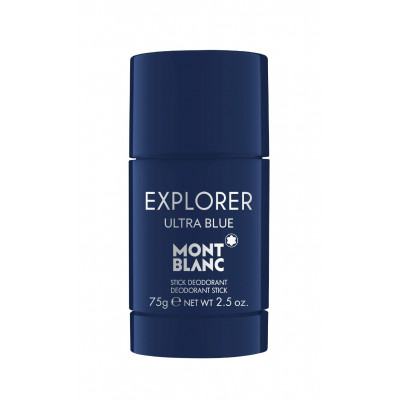 Navy blue cylindrical deodorant stick with "EXPLORER" and "ULTRA BLUE" text in white, featuring the Montblanc logo, 2.5 oz size, sleek design.