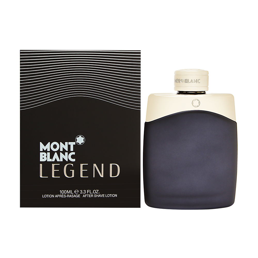 Montblanc Legend After Shave Lotion in a sleek dark blue glass bottle with a cream-colored cap, accompanied by a stylish black and white box featuring the brand name.