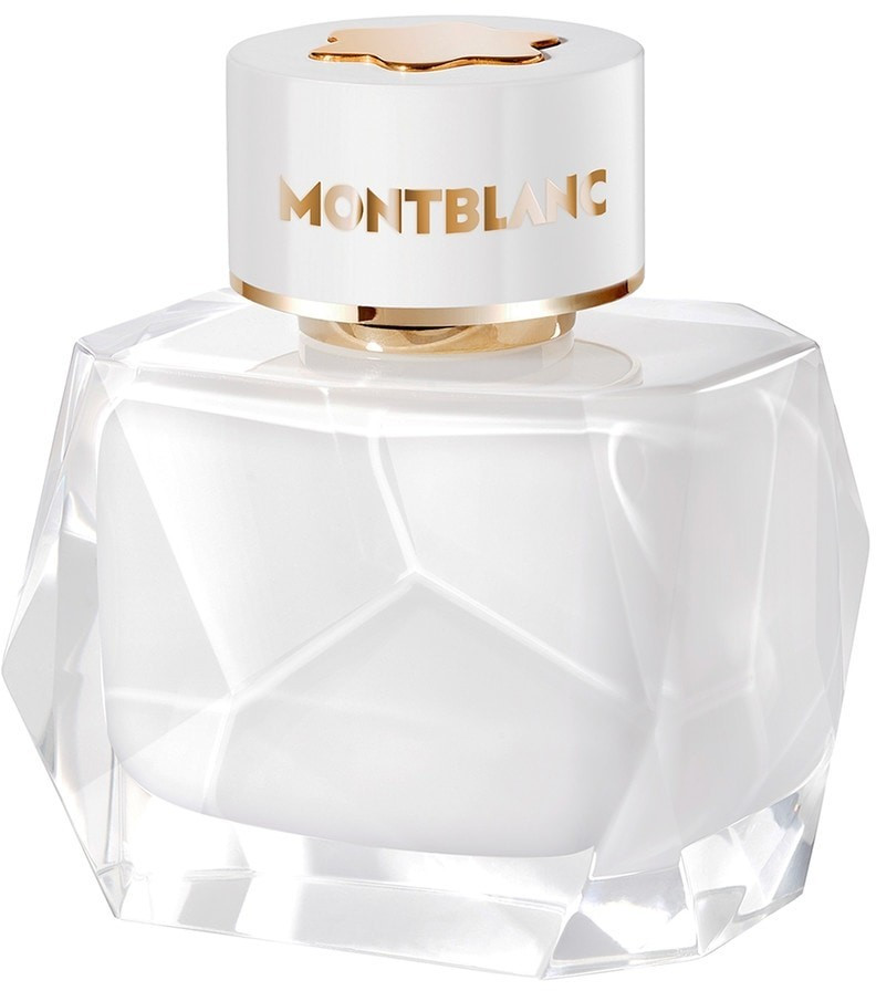 Clear, faceted glass bottle of Montblanc Signature Eau De Parfum with a glossy white cap and gold accents, showcasing an elegant and modern design.