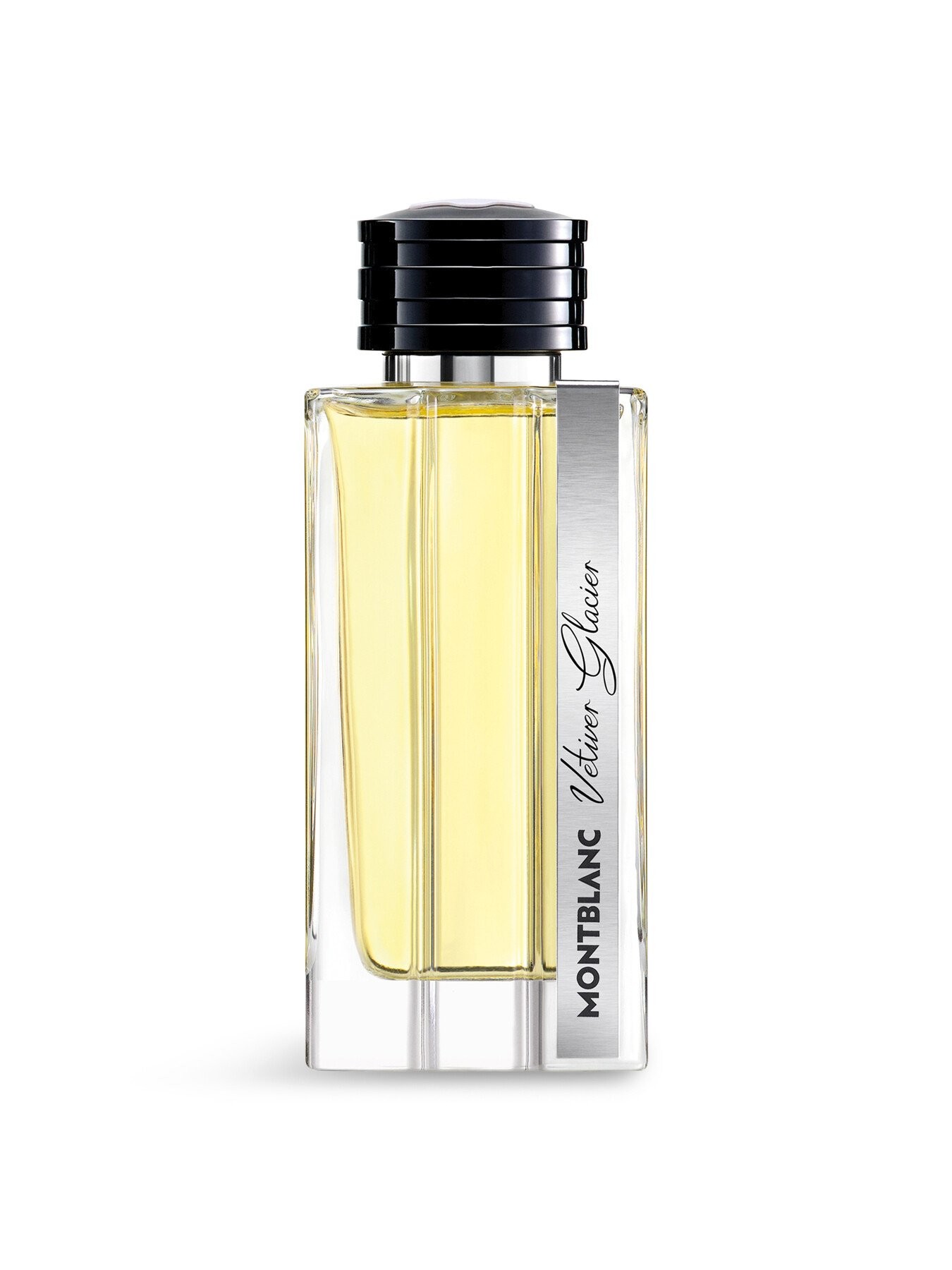 Clear glass bottle of Montblanc Vetiver Glacier Eau De Parfum, featuring a sleek design, black cap, and silver label with the brand name and fragrance title.