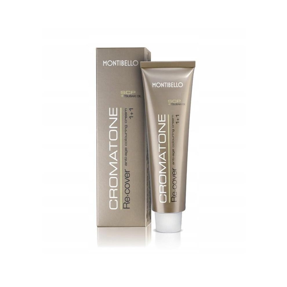Montibello Cromatone Recover -6.62 is a sleek, metallic gold tube with a white label, featuring bold black text and a matching box, designed for hair color treatment.