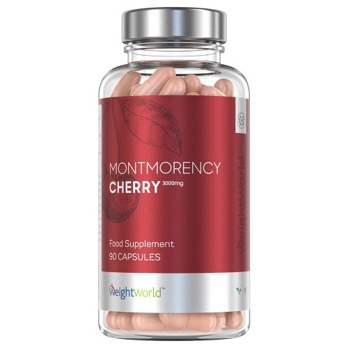 Clear bottle containing light pink vegan capsules, labeled "Montmorency Cherry 6000mg" with a red and white design, showcasing 180 capsules as a food supplement.