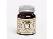 Dark glass jar of Morgan Classic Pomade, featuring a silver metal lid, labeled with cream and brown graphics, highlighting almond oil and shea butter, 1 pound size.